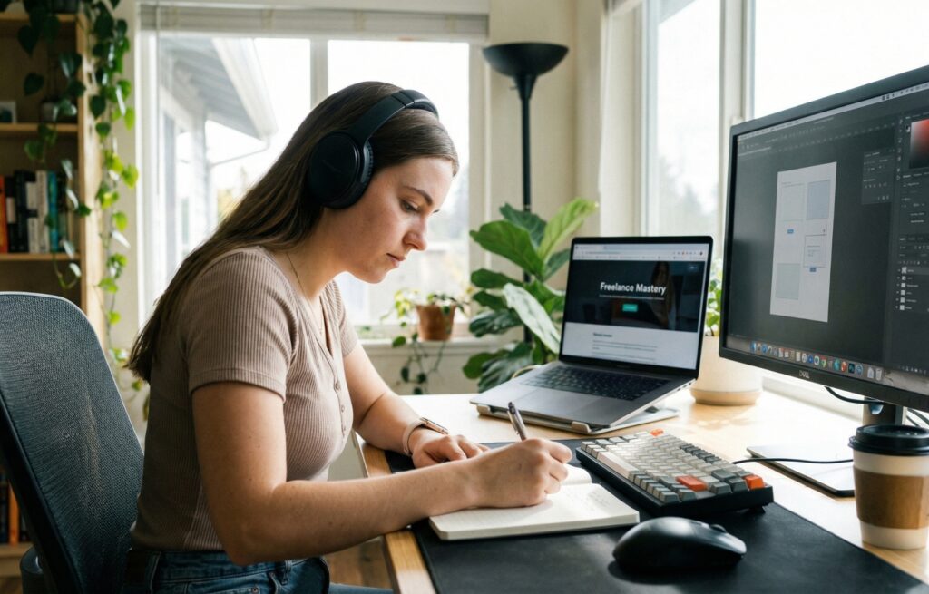 Student learning freelancing skills online in Rajanpur Pakistan with laptop and headphones