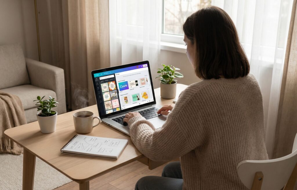 Beginner learning graphic designing in Rajanpur Pakistan using Canva on laptop in a cozy workspace