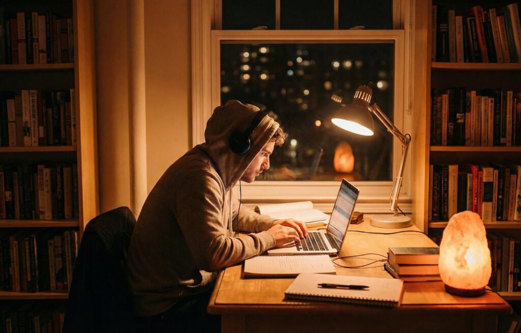 Freelancer and blogger working late at night in Rajanpur Pakistan with ambient lighting and focused atmosphere