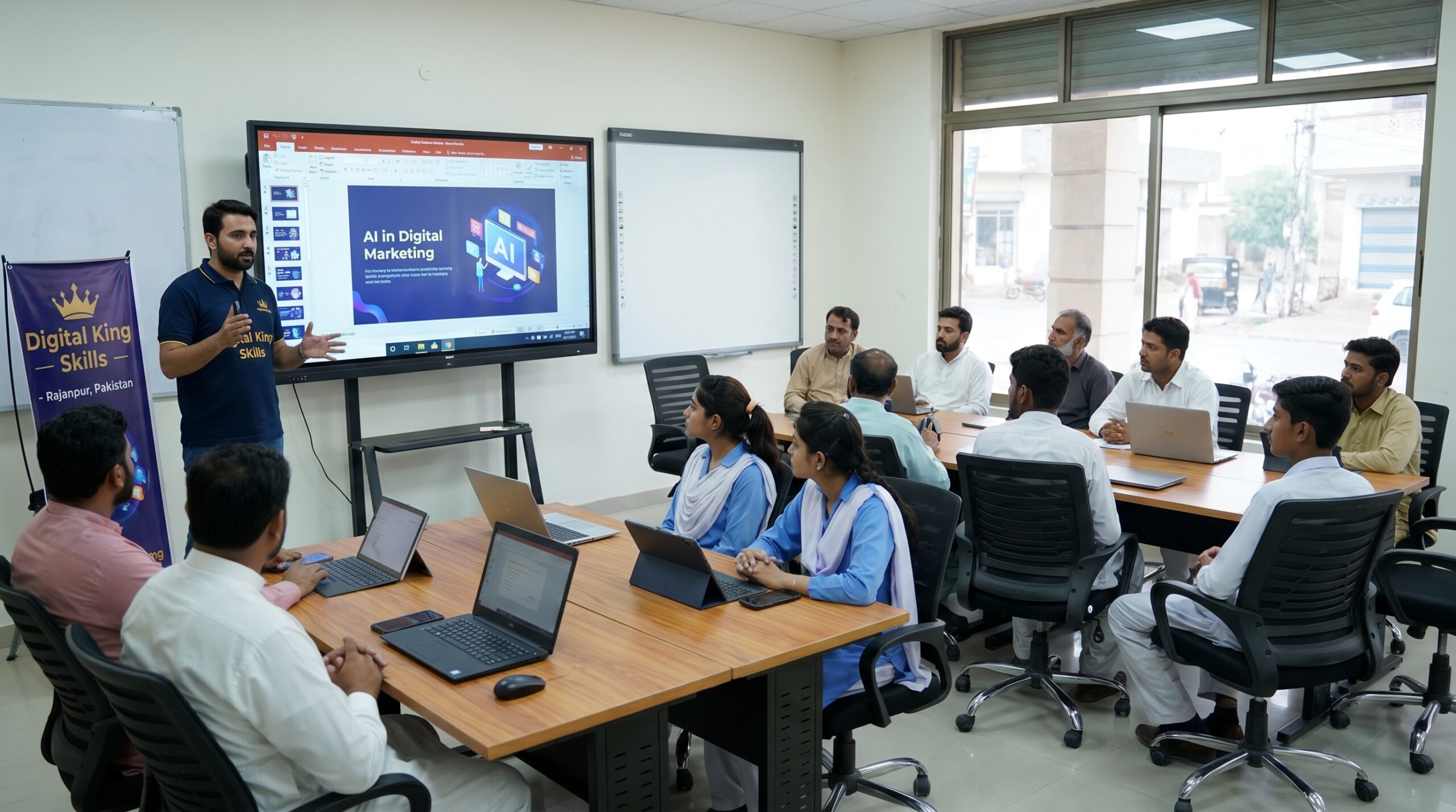 Digital King Skills Rajanpur Pakistan explaining what is AI in digital marketing in a modern classroom