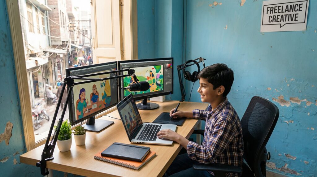 Freelancer at Digital King Skills in Rajanpur, Pakistan creating engaging digital content while learning how to create viral social media content