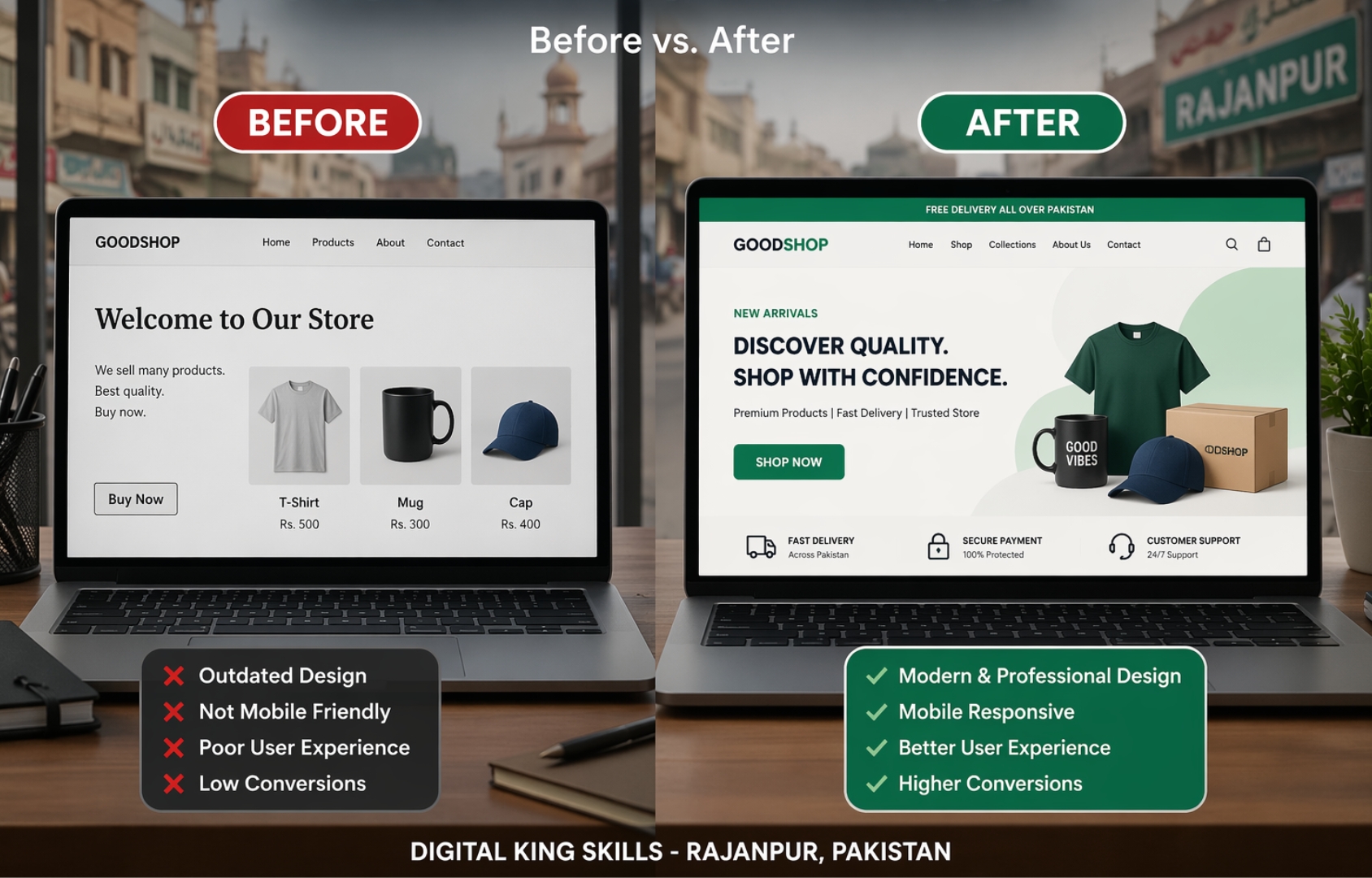 Before and after comparison of a Shopify expert for website redesign showing outdated cluttered layout versus modern clean responsive design for a Pakistani eCommerce business