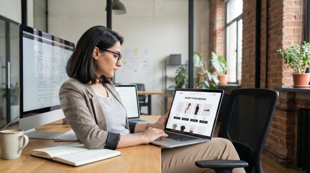 Modern Shopify workspace at Digital King Skills in Rajanpur, Pakistan showing a shopify expert for website redesign working on a laptop with clean UI design